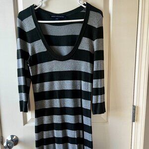 French Connection Gray and Black Striped Sweater Dress